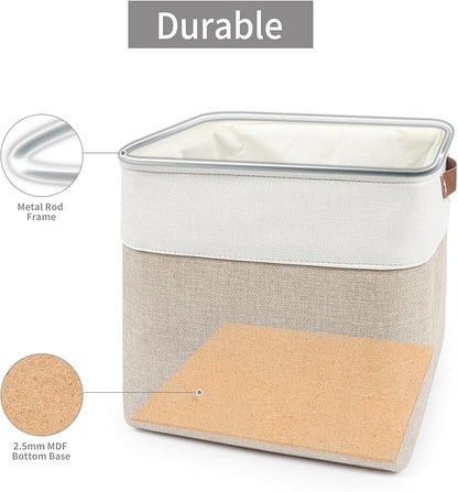 Bagnizer 13x13 Cube Storage Bins, Collapsible Fabric Storage Box, 4 Pack Closet Baskets with Handles for Organizing, Shelf, Toys, Clothes, Home, Office, Nursery (Beige&White)