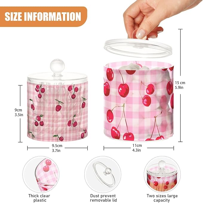 2 Pack Qtip Dispenser Apothecary Jars with Lids Cotton Round Holder Bathroom Canisters for Cotton Swab Floss Ball Pads Clear Plastic Decorative Pink Checkered Cherry