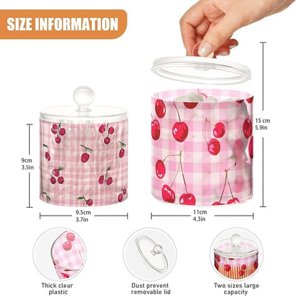 2 Pack Qtip Dispenser Apothecary Jars with Lids Cotton Round Holder Bathroom Canisters for Cotton Swab Floss Ball Pads Clear Plastic Decorative Pink Checkered Cherry