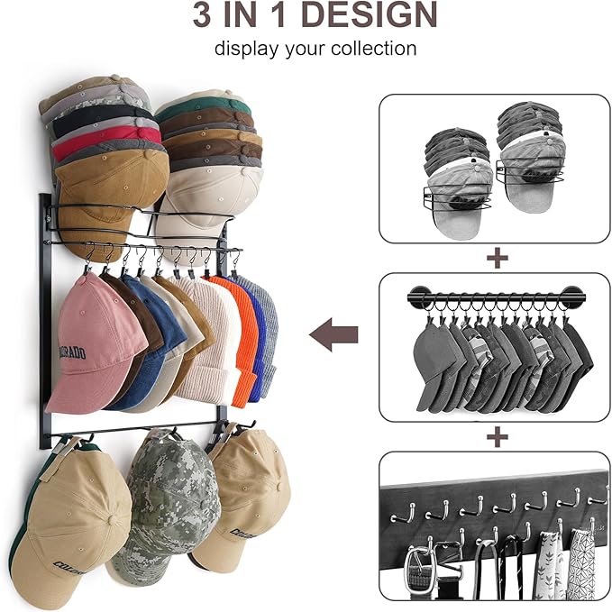 Hat Rack for 45 Baseball Caps with 10 Clips 3 Tier Hat Organizer for Wall Multi-functional Hat Hanger Metal Hat Holder at Closet Bedroom Entryway Gift for Men Boy Teen