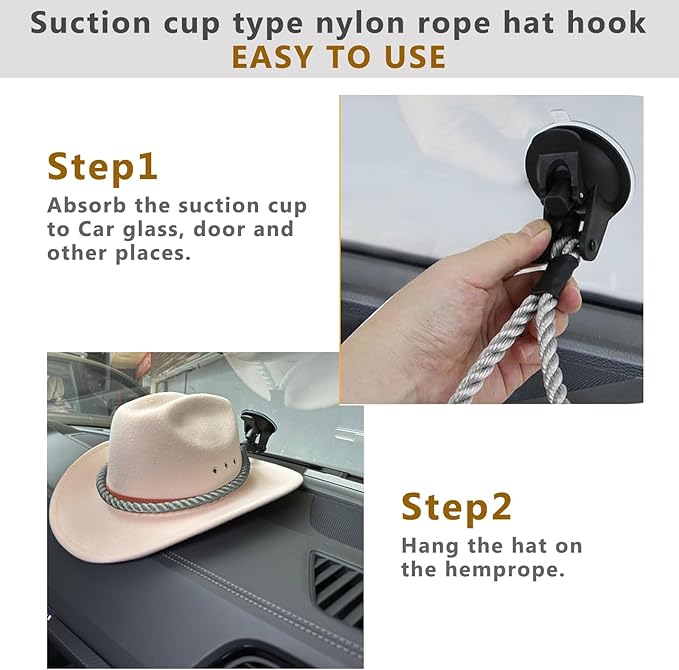 Cowboy Hat Holder for Trucks & Cars – 2-Pack Suction Cup Hat Rack, Universal Hat Mount for Windshield/Dash, Durable Lariat Rope Design (No Tools Needed)