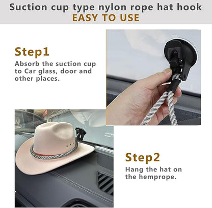 Cowboy Hat Holder for Trucks & Cars – 2-Pack Suction Cup Hat Rack, Universal Hat Mount for Windshield/Dash, Durable Lariat Rope Design (No Tools Needed)