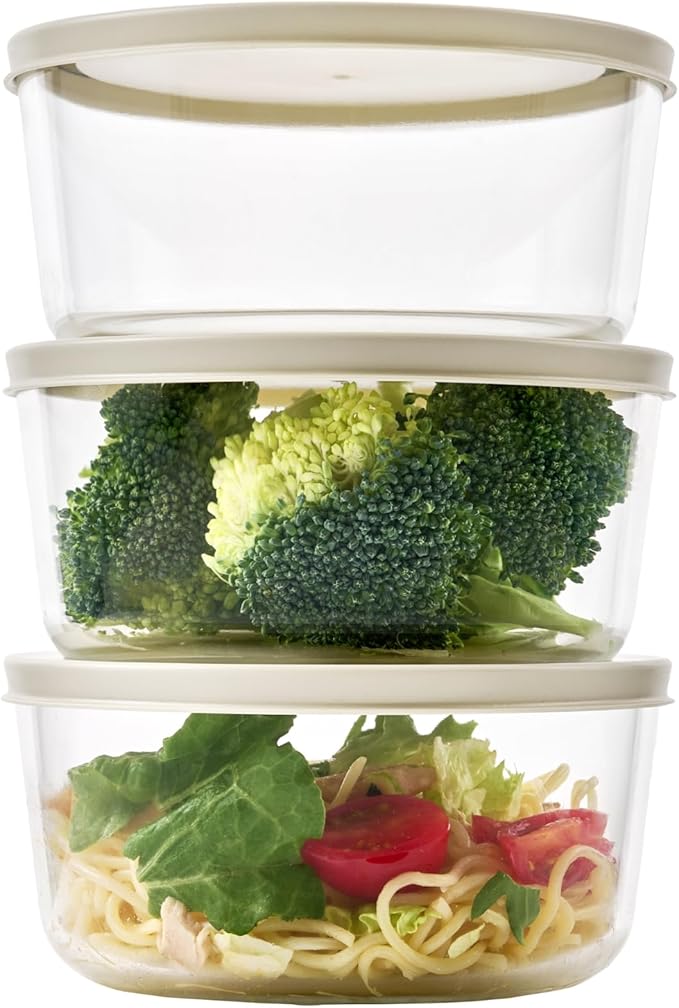 6-Piece Glass Food Storage Containers Set (3 Containers + 3 BPA-Free Lids) | 4-Cup, Leakproof | Microwave, Freezer, Oven & Dishwasher Safe | Ideal for Meal Prep & Pantry Organization, Beige