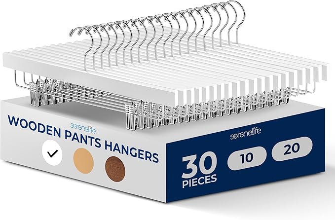 SereneLife 30 Pack Skirt and Pant Hanger with Adjustable Non-Slip Steel Clips, Premium Wooden, 360° Swivel Hook & 10 lb Capacity – Space-Saving Heavy-Duty Hangers for Jeans, Shorts & Slacks (White)