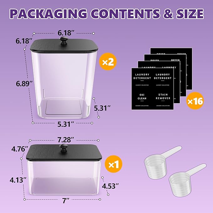 Moforoco 3 Pack Laundry Pods Container, Clear Laundry Room Organization Containers,Large Detergent Powder Storage, Black Wooden Lids & Labels, Acrylic Pods Holder