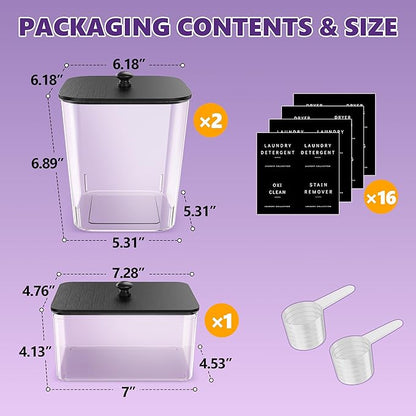 Moforoco 3 Pack Laundry Pods Container, Clear Laundry Room Organization Containers,Large Detergent Powder Storage, Black Wooden Lids & Labels, Acrylic Pods Holder