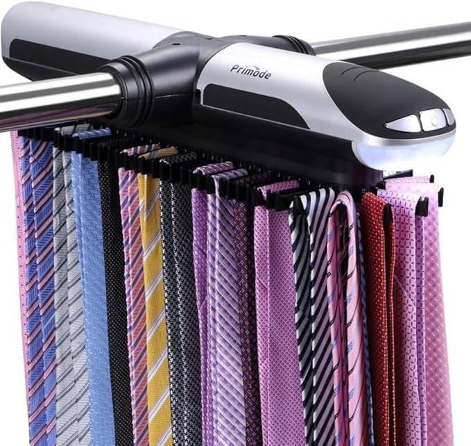 Motorized Tie Rack Closet Organizer with LED Lights Includes J Hooks for Wired Shelving Stores Up to 72 Ties & 8 Belts Operates with Batteries
