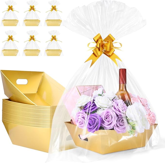 20PACK Gold Baskets for Gifts Empty, 12x10x4” Thick Cardboard Gift Basket Kit with 20 Bows & 20 Bags - Kraft Empty Gift Baskets for Christmas, Weddings, Birthdays, Bulk Gifting