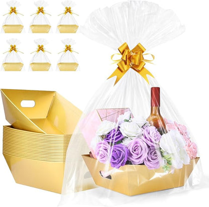 20PACK Gold Baskets for Gifts Empty, 12x10x4” Thick Cardboard Gift Basket Kit with 20 Bows & 20 Bags - Kraft Empty Gift Baskets for Christmas, Weddings, Birthdays, Bulk Gifting