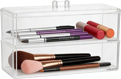 Acrylic Makeup Organizer Cosmetic Storage Display Case Makeup Brush Cotton Ball Pads Swab Q-tip Holder Lipstick Dispenser Canister Bathroom Container (9.2x3.7x5.1in, 2 Tiers, Clear)
