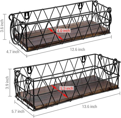 MyGift 2 Piece Wall Mounted Black Geometric Metal Nesting Storage Basket with Rustic Solid Burnt Wood Base, Small Tabletop Decorative Metal Wire Bins with Handles