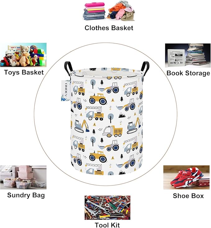 Round Construction Truck Collapsible Laundry Hamper for Nursery,Cute Forest Vehicles Excavator Toy Storage Bin for Kids Boys,Storage Basket for Home,Bedroom,Playroom,New Parent Gift(Excavator)