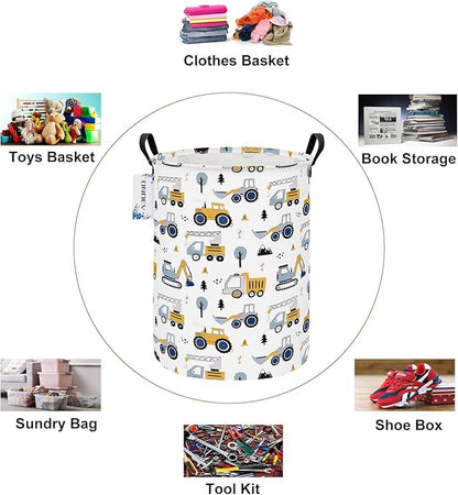 Round Construction Truck Collapsible Laundry Hamper for Nursery,Cute Forest Vehicles Excavator Toy Storage Bin for Kids Boys,Storage Basket for Home,Bedroom,Playroom,New Parent Gift(Excavator)
