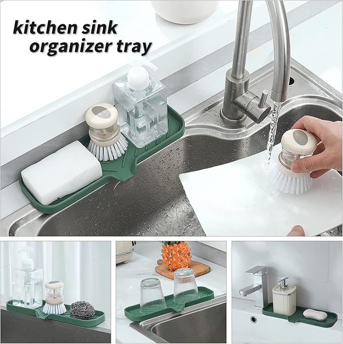 MicoYang Silicone Bathroom Soap Dishes with Drain Spout-Bathroom and Kitchen Sink Organizer,Sponge Holder,Dish Soap Tray,Perfect for Dispenser,Scrubber,Bottle,Cup on Sink or Counter-Green 12"×4"
