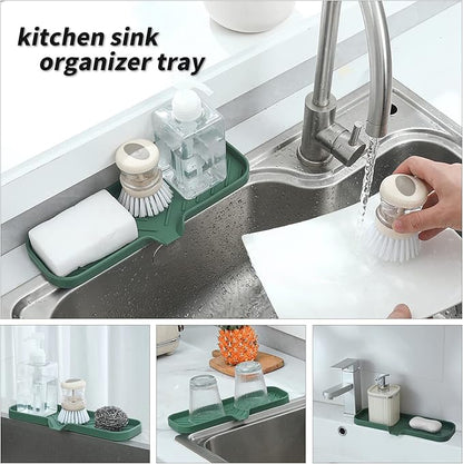 MicoYang Silicone Bathroom Soap Dishes with Drain Spout-Bathroom and Kitchen Sink Organizer,Sponge Holder,Dish Soap Tray,Perfect for Dispenser,Scrubber,Bottle,Cup on Sink or Counter-Green 12"×4"