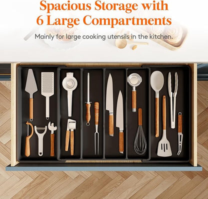 Lifewit Utensil Organizer for Kitchen Drawers, Expandable Cooking Utensil Tray, Adjustable Cutlery Silverware Flatware Holder, Plastic Spatula Tools Storage Divider, 18- 30 x 18.5", Black