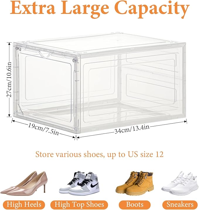 Stackable Storage Shoe Box with Magnetic Side Opening Door, Thick and Sturdy Transparent Plastic, Suitable for Floor Standing Shoe Racks and Storage in Wardrobes - 6Pcs