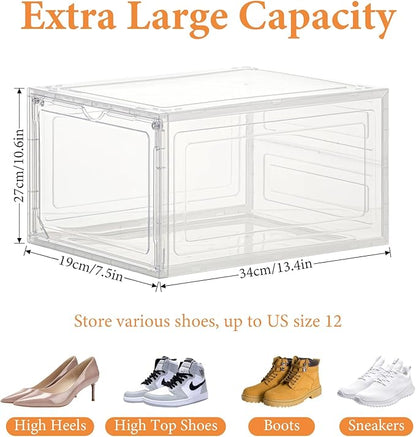 Stackable Storage Shoe Box with Magnetic Side Opening Door, Thick and Sturdy Transparent Plastic, Suitable for Floor Standing Shoe Racks and Storage in Wardrobes - 6Pcs