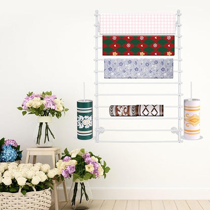 Ribbon Storage Organizer, Wall Mounted Ribbon Organizer, 12-Tier Metal Gift Wrapping Paper Rack, Spool Tie Scarf Hijab Belt Towel Hanger, for Home, Craft Room, Flower Shop, White, 31.5in Wide