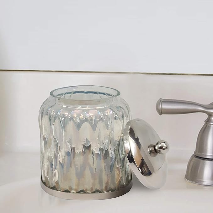 nu steel Glacier Rainbow Q tip Holder, Bathroom Vanity Glass Storage Organiser Canister, Apothecary Jar for Cotton Swabs, Round Cotton Balls, Rainbow Lustre Finish