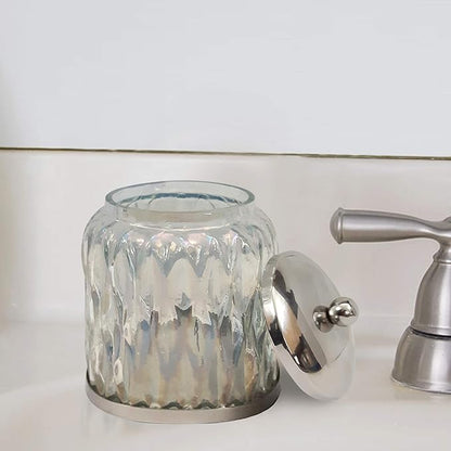 nu steel Glacier Rainbow Q tip Holder, Bathroom Vanity Glass Storage Organiser Canister, Apothecary Jar for Cotton Swabs, Round Cotton Balls, Rainbow Lustre Finish