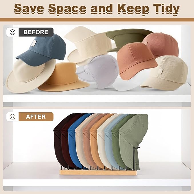 Hat Organizer for Baseball Caps, Wooden Tabletop Hat Rack Holder for 10 Hats Hat Display Stand for Closet Organizers and Storage Natural 2 Pack