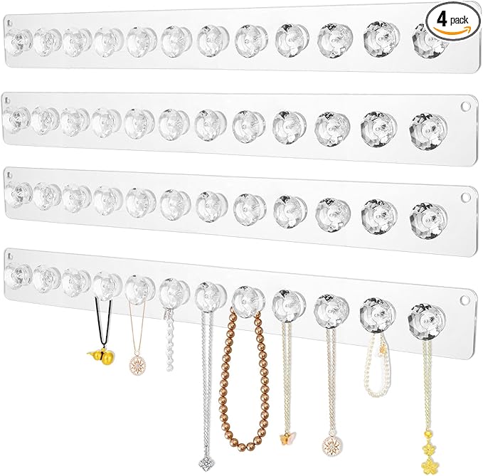 4Pcs Wall Necklace Holder for Women, Hanging Jewelry Organizer Wall Mount Crystal Holder Necklace Wall Hanger, Acrylic Bracelet Holder Organizer Jewelry Rack Adhesive Hooks Necklace Storage