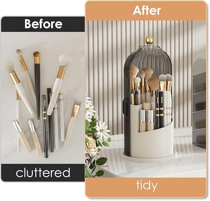 YOOLENS Makeup Brush Holder with Lid 360 Rotating Clear Dustproof Make Up Organizers for Vanity Bathroom Countertop, Gray