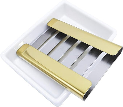Ceramic Soap Dish Gold Stainless Steel Soap Holder for Shower and Bathroom Double Layer Draining Soap Box