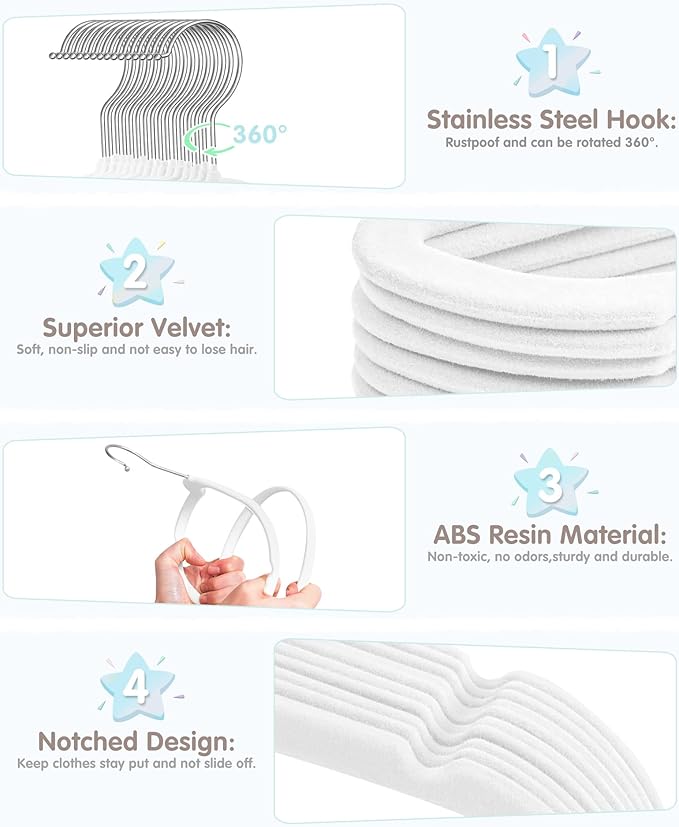 VIS'V Baby Hangers, 11 Inch Velvet Kids Hangers with 6 Pcs Clothes Size Dividers, Infant Toddler Nursery Closet Organization, Non Slip, White, 30 Pcs