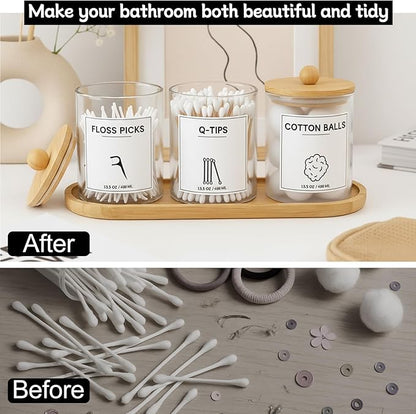 3Pack Glass Qtip Holder with Bamboo Tray, Cotton Ball Holder, 13.5 oz Apothecary Jars Bathroom Canisters with Lids, Bathroom Jars for Floss Picks, Cotton Swabs, Balls, Pads(Clear)