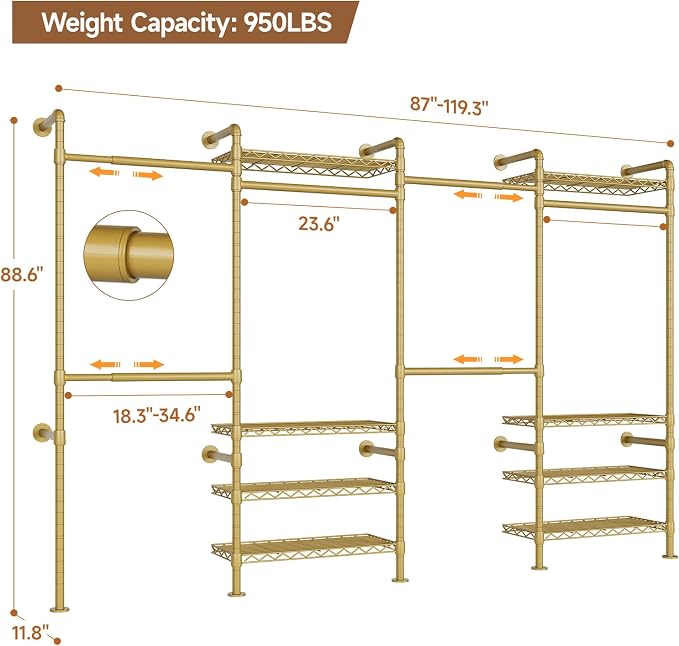 ComfyCorner Wall Mounted Garment Rack, Industrial Pipe Metal Clothing Rack with 6 Hanging Rods (4 Expandable) & 8 Shelves, Closet Organizers and Storage System for Bedroom, Walk in Closet