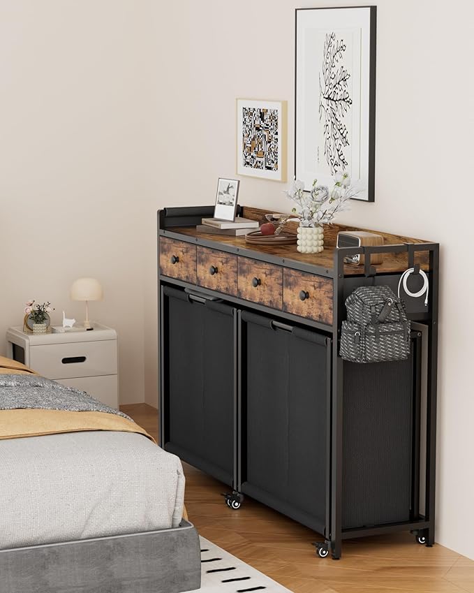 Laundry Sorter 4 Section: Laundry Hamper Basket with Shelf and Wheels - Rolling Laundry Basket Organizer with Fabric Drawers and Pull-Out Cart - Clothes Hamper for Laundry Room Bathroom Bedroom