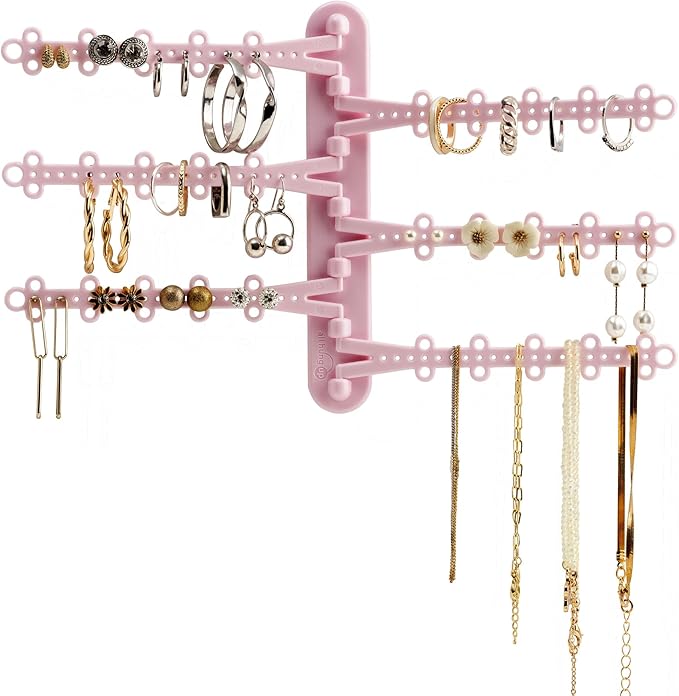 All Hung Up 6-Tier Wall Jewelry Organizer Wall Mounted Jewelry Organizer Earring Holder Wall Mount Hanging Necklace Organizer Jewelry Hanger Hanging Necklace Holder Organizer Display (Pink)