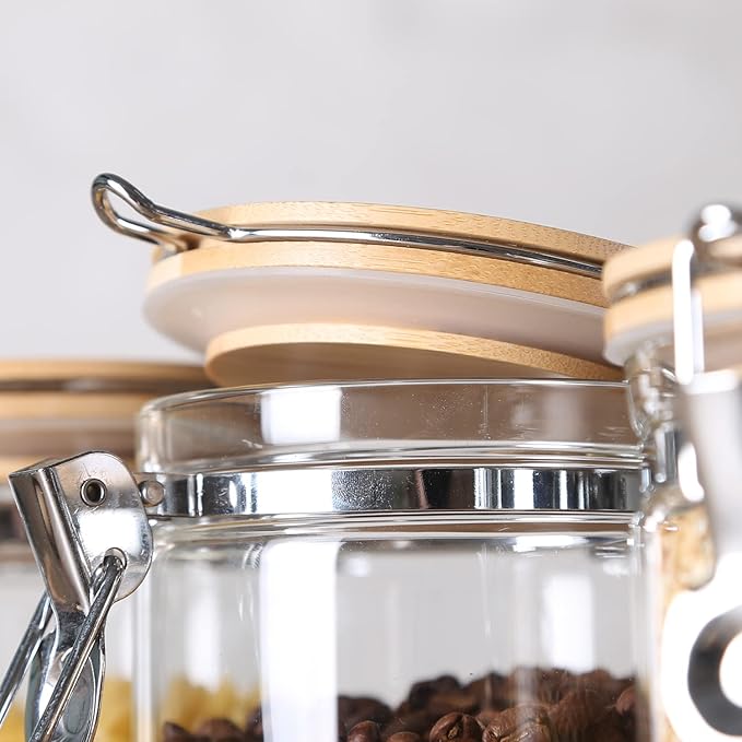 KKC Glass Coffee Container Set of 3 with Bamboo Lids & Spoons | 40oz Airtight Coffee Bar Accessories & Organizer for Countertop | Clear Sugar and Coffee Canister Set for Ground Beans & Tea