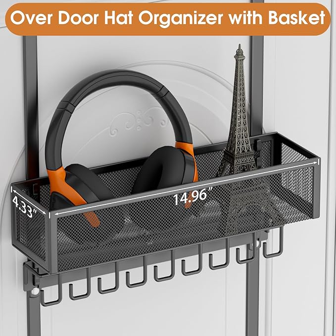 3 Tier Over Door Hat Organizer with Basket, Hat Rack for Baseball Cap with 18 Hooks and 10 Movable Clips,Hat Hanger Storage Holds up to 30+ Caps for Door, Bedroom, Closet (Black)