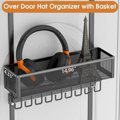 3 Tier Over Door Hat Organizer with Basket, Hat Rack for Baseball Cap with 18 Hooks and 10 Movable Clips,Hat Hanger Storage Holds up to 30+ Caps for Door, Bedroom, Closet (Black)