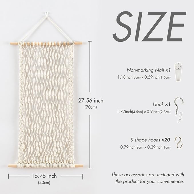 Pretty Jolly Hanging Jewelry Mesh Organizer Macrame Wall Mounted Necklaces Storage Earring Display Rack Girls Hair Clips Hanger with 20 Pieces S Shape Hooks for Bracelets,Necklace and Rings(Beige)