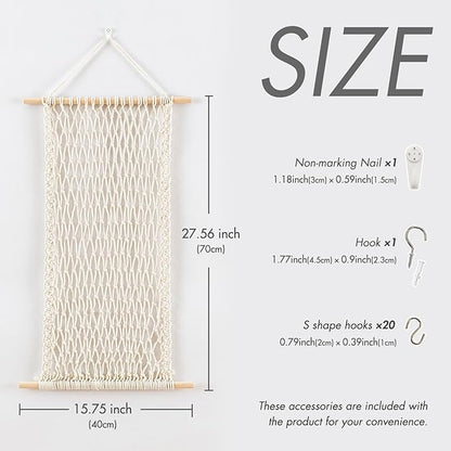 Pretty Jolly Hanging Jewelry Mesh Organizer Macrame Wall Mounted Necklaces Storage Earring Display Rack Girls Hair Clips Hanger with 20 Pieces S Shape Hooks for Bracelets,Necklace and Rings(Beige)