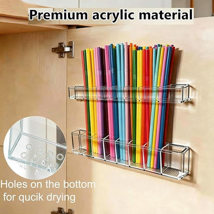 9.8 inch double-layer removable and washable Large Acrylic Cabinet Straw Holder Organizer with Traceless Nano Adhesive – Space-Saving Storage Rack for Cabinet Door, Clear Straw Cabinet Holder