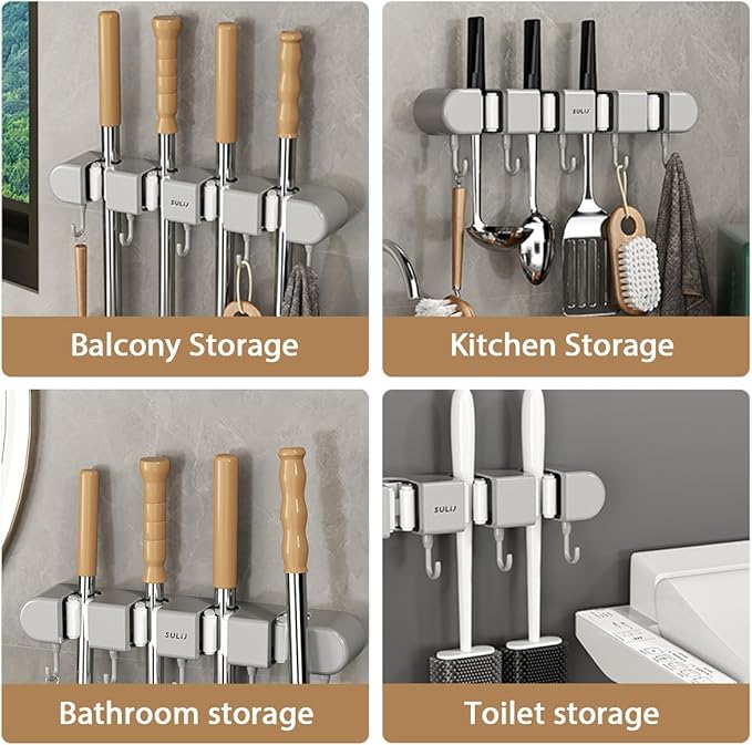 2Pcs Broom Holder Wall Mount, No-Drilling Self-Adhesive Mop and Broom Storage Rack with Hooks (4 Racks with 5 Hooks), Wall-Mounted Broom Hanger for Bathroom, Kitchen, Closet, Garage (Grey)