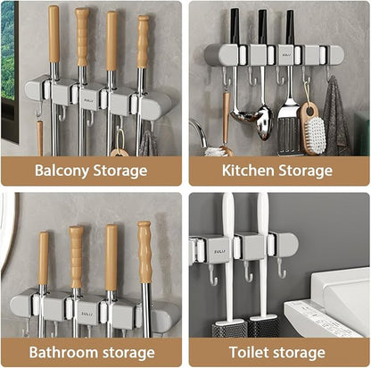 2Pcs Broom Holder Wall Mount, No-Drilling Self-Adhesive Mop and Broom Storage Rack with Hooks (4 Racks with 5 Hooks), Wall-Mounted Broom Hanger for Bathroom, Kitchen, Closet, Garage (Grey)