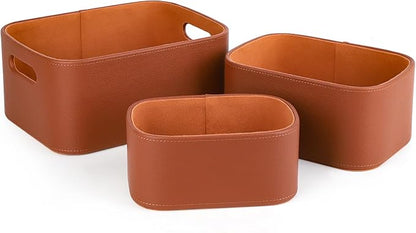 HofferRuffer Faux Leather Storage Baskets Bins with Velvet Lining for Organizing, Storage, Gifts, Set of 3 Nesting Shelf Baskets Decorative Storage Boxes for Home Organization (Brown)