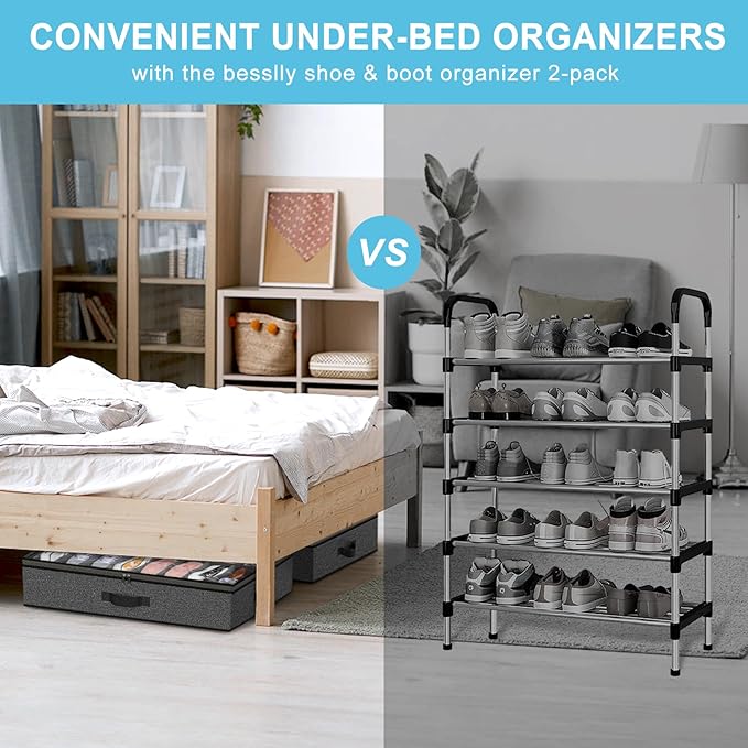 Under Bed Shoe Storage Organizer for Closet, 24 Pairs Sturdy Underbed Shoe Storage Boxes Bins Container Foldable Shoes Storage with Reinforced Handles & Clear Window for College Dorms Grey, Set of 2