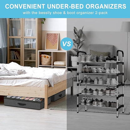 Under Bed Shoe Storage Organizer for Closet, 24 Pairs Sturdy Underbed Shoe Storage Boxes Bins Container Foldable Shoes Storage with Reinforced Handles & Clear Window for College Dorms Grey, Set of 2