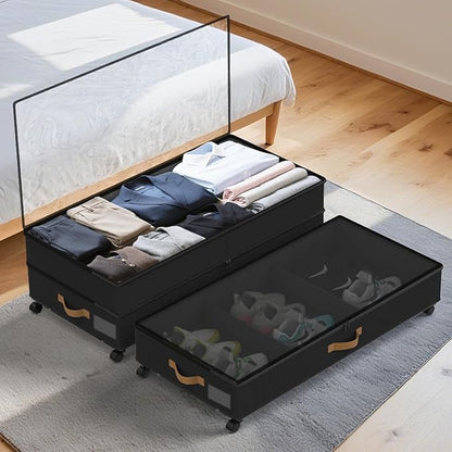 Under Bed Storage with Wheels 2-Pack, 75L XXL Under the Bed Storage Containers Large, 12" Tall Adjustable Storage for Underbed with Lids, Rolling for Shoes, Clothes, Blankets (Black)