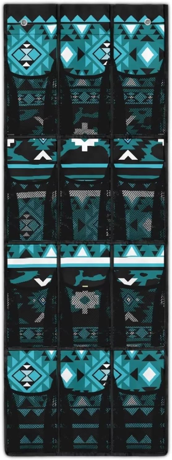 Over Door Organizer with 12 Mesh Pockets, Space Saving Large Capacity Hanging Storage Organizer Sundries Toys, Shoes,Aztec