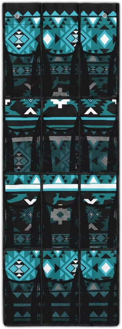 Over Door Organizer with 12 Mesh Pockets, Space Saving Large Capacity Hanging Storage Organizer Sundries Toys, Shoes,Aztec