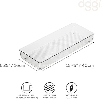 Oggi Clear Drawer Organizer - 6" X 15" - Ideal for Organizing Kitchen Drawers, Office, Desk, Silverware, Kitchen Utensils, Cosmetics and Bathrooms (Pack of 2)