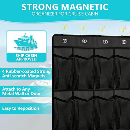 Esoes Cruise Ship Magnetic Door Organizer, 24 Pockets Magnetic Behind the Door Shoe Rack-4 Strong Anti-Scratch Magnets, Over the Door Organizer Cruise Essentials Storage for Cruise Cabin Travel